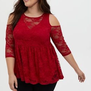 Dark Red Lace Cold Shoulder Babydoll
